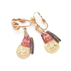 VINTAGE MASONIC SHRINER'S DANGLE CLIP-ON EARRINGS*ENAMEL STICK FIGURE CHARMS